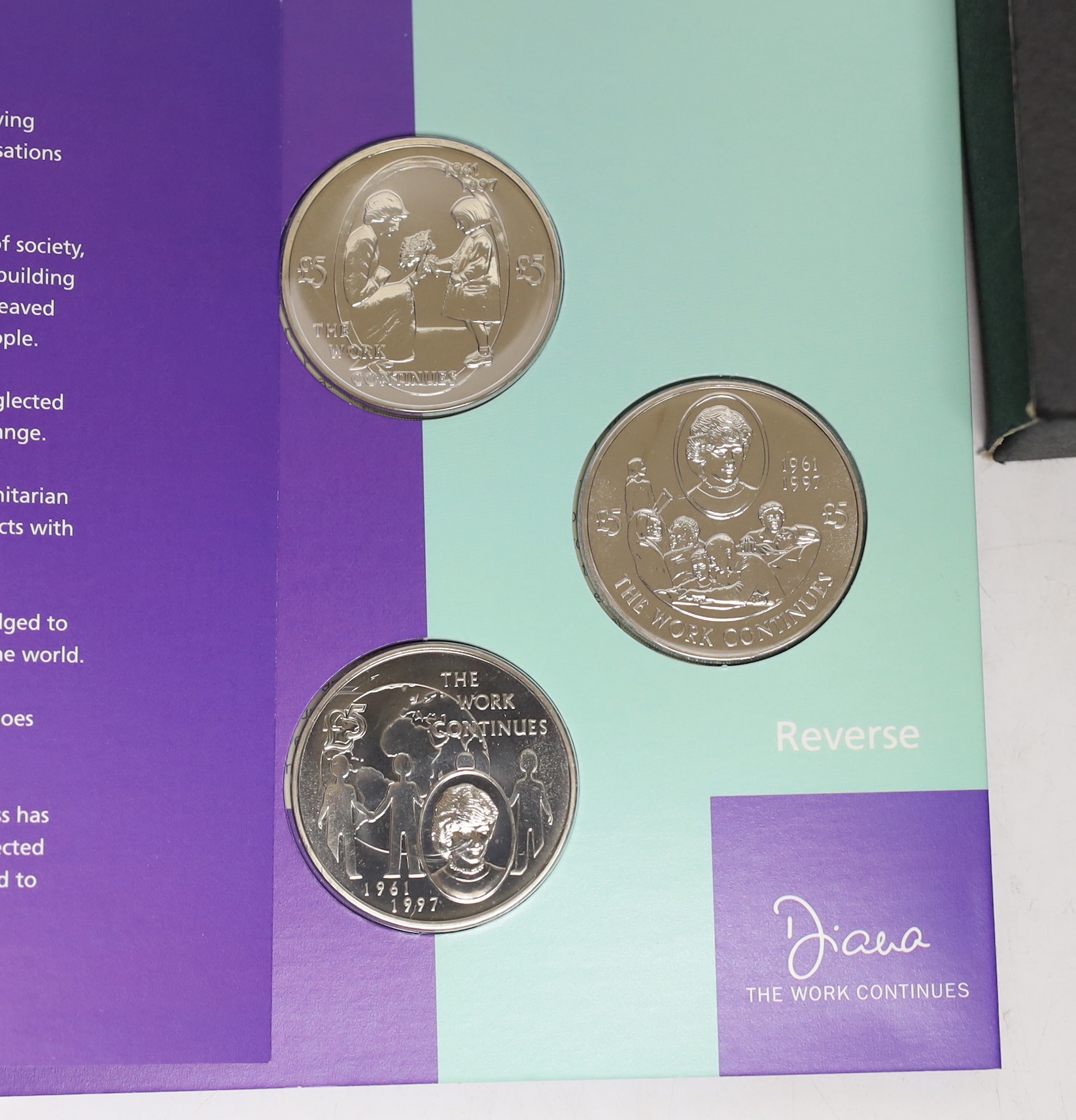 Royal Mint UK QEII proof silver coins - 2007 Diana £5, 1980 Queen Mother 80th crown, 1999 Edward and Sophie £1, 2003 Suffragettes 50p, 1998 NHS 50th 50p, together with 2013 George & the Dragon £20, 2008 Royal Shield of A